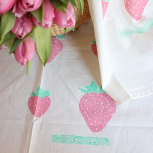 Pink Strawberry Block Print Tea Towel